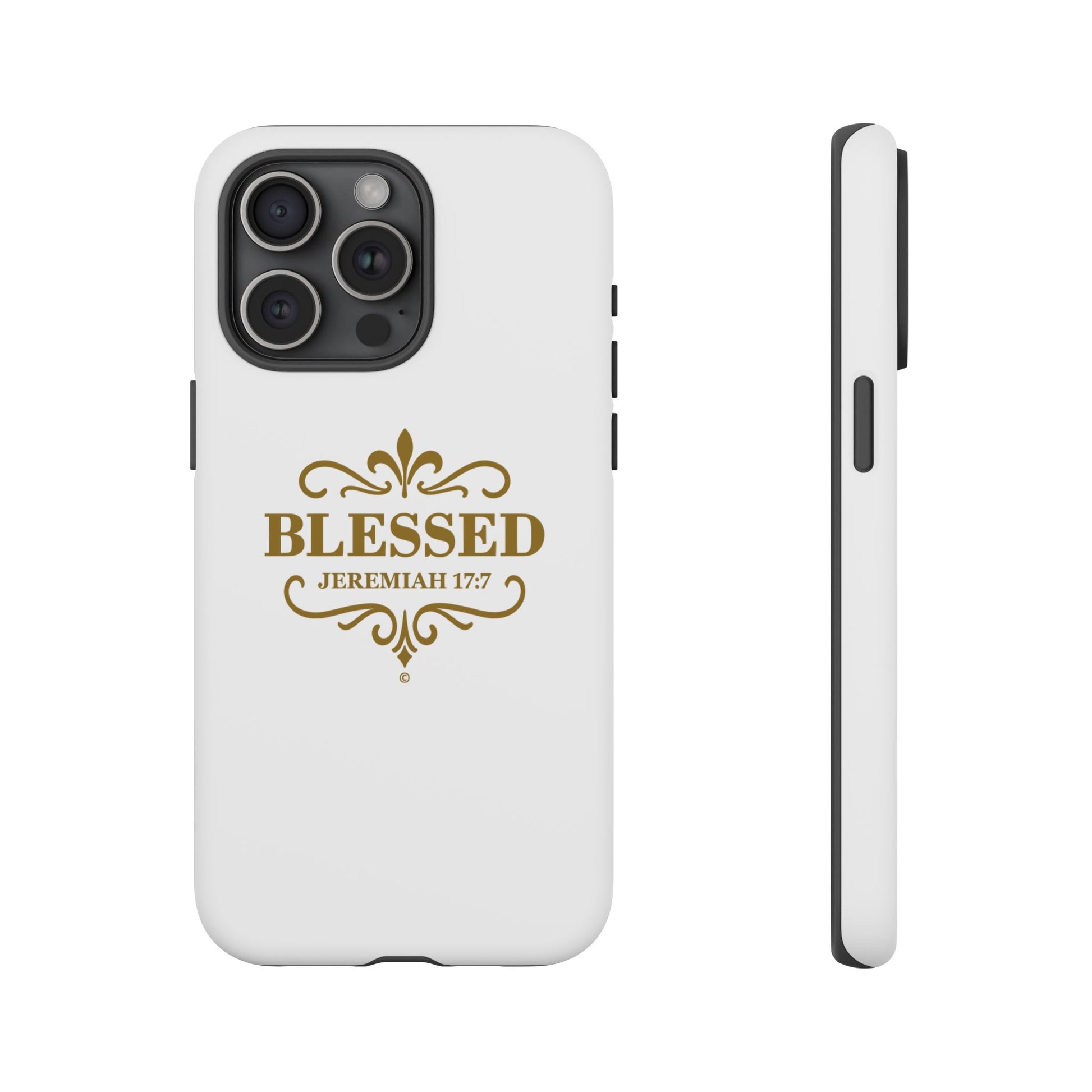 Blessed (Gold Lettering), Rugged Phone Case, Inspirational Mobile Cover, Gift for Faith Lovers, Faith-Based Protector - Cross Apparel USA