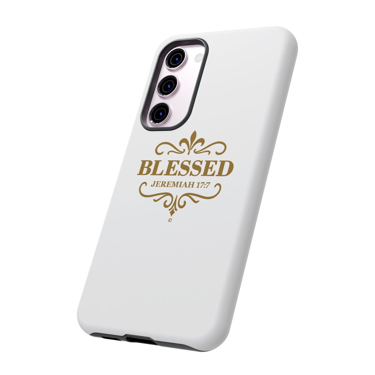 Blessed (Gold Lettering), Rugged Phone Case, Inspirational Mobile Cover, Gift for Faith Lovers, Faith-Based Protector - Cross Apparel USA