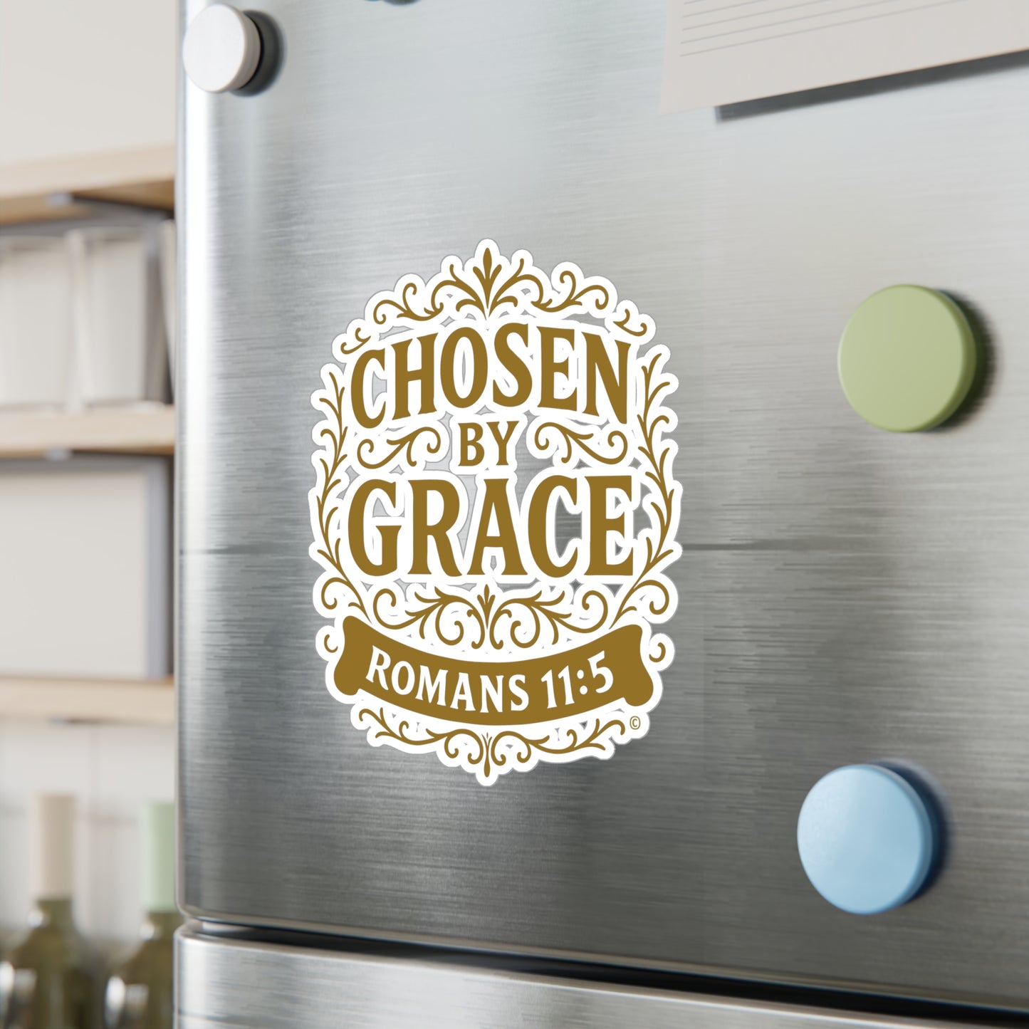Chosen by Grace (Gold Lettering) Kiss-Cut Vinyl Decals, Inspirational Wall Art, Faith-Based Gifts, Perfect for Students - Cross Apparel USA