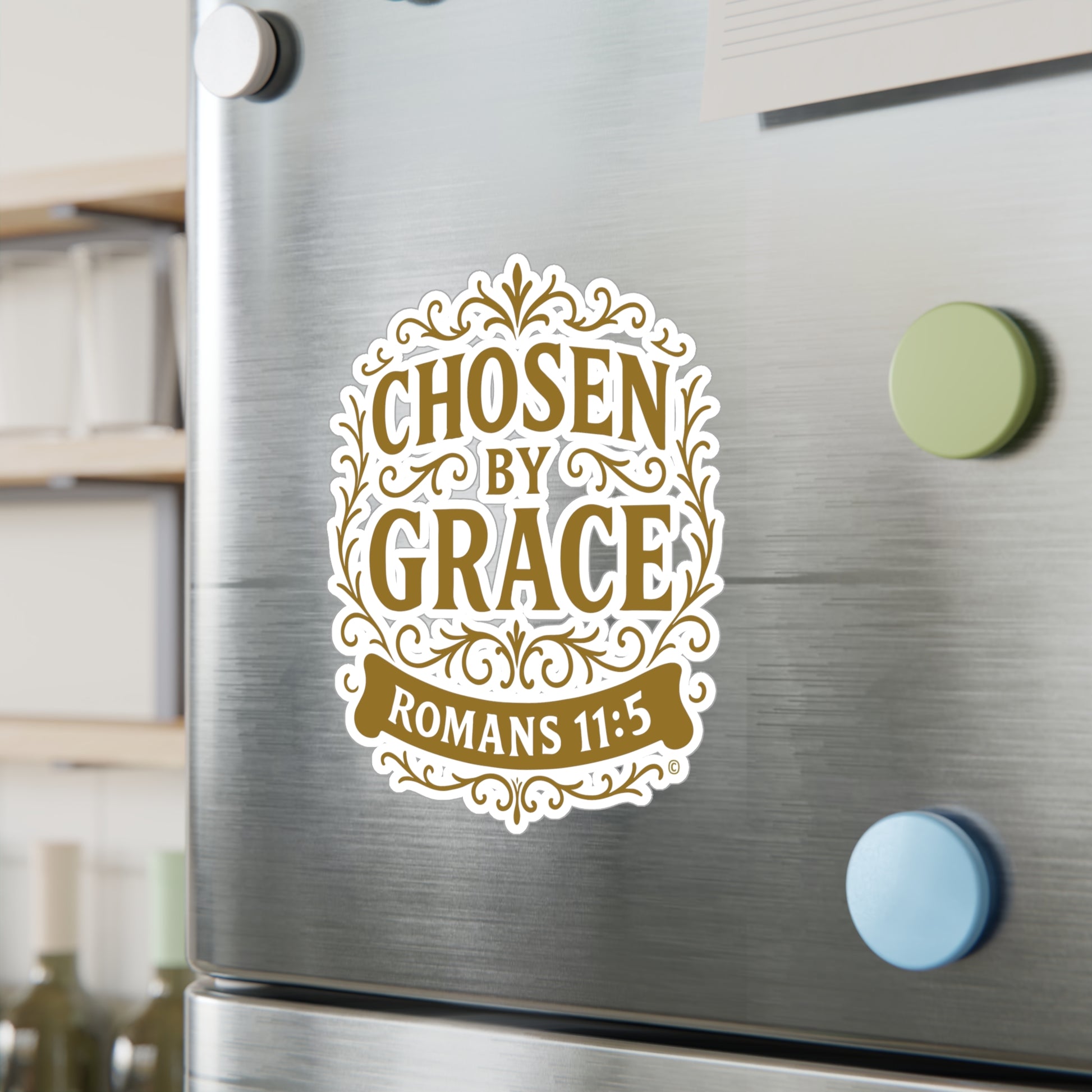 Chosen by Grace (Gold Lettering) Kiss-Cut Vinyl Decals, Inspirational Wall Art, Faith-Based Gifts, Perfect for Students - Cross Apparel USA