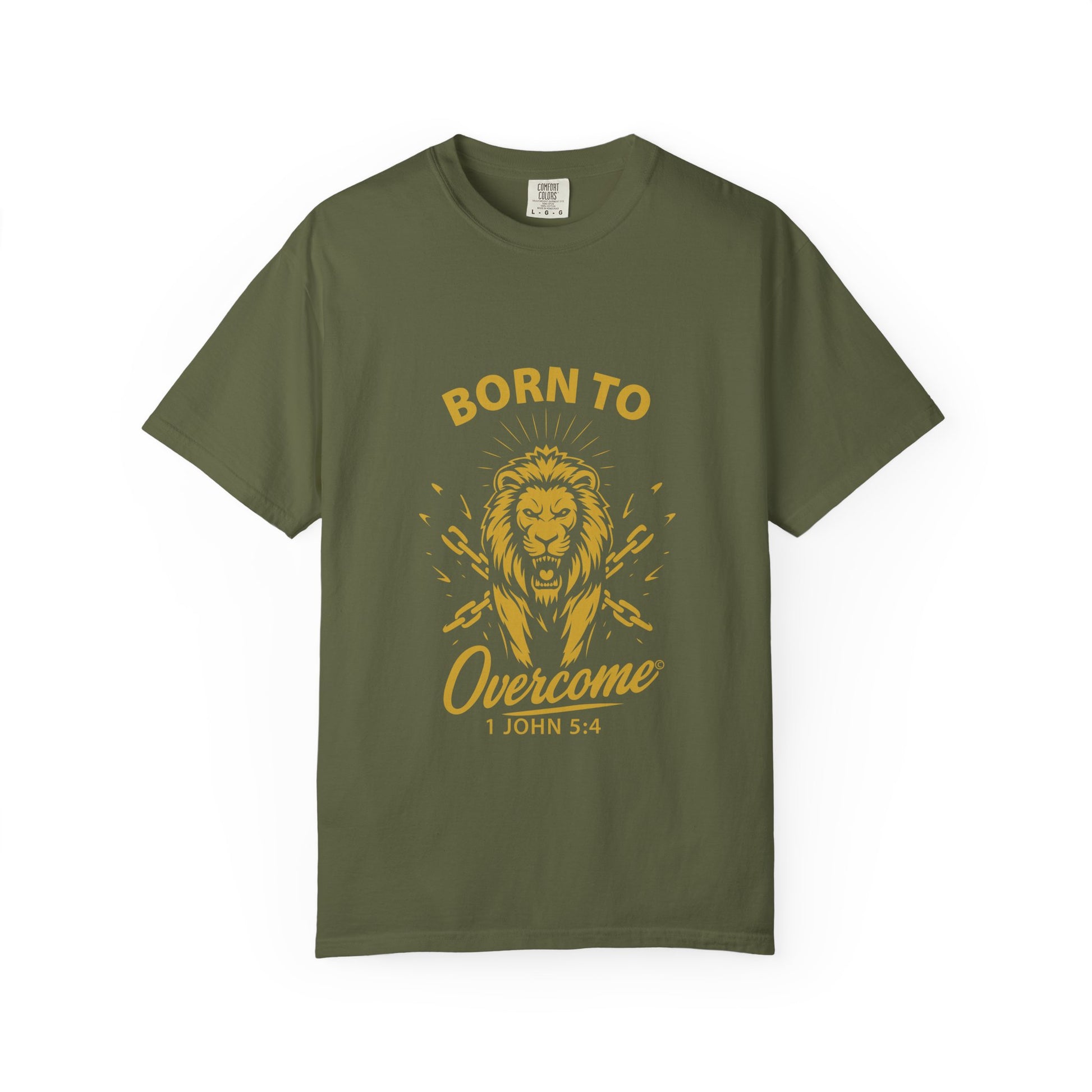 Born to Overcome (Gold Lettering) Unisex Faith Tee, Relaxed Fit Shirt, Inspirational Apparel, Gift for Believers - Cross Apparel USA