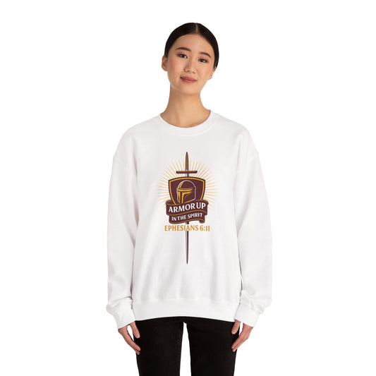 Armor Up (Burgundy & Gold Lettering) Unisex Crewneck Sweatshirt - Inspirational Gift, Christian Apparel, Faith-Based Fashion, Cozy Casual Wear, Bible Verse Sweatshirt