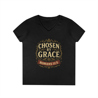 Chosen by Grace (Full Color) Ladies V-Neck T-Shirt, Inspirational Gift, Faith-Based Gift