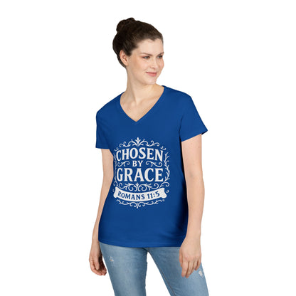 Chosen by Grace (White Lettering) Ladies V-Neck T-Shirt, Inspirational Gift, Faith-Based Gift