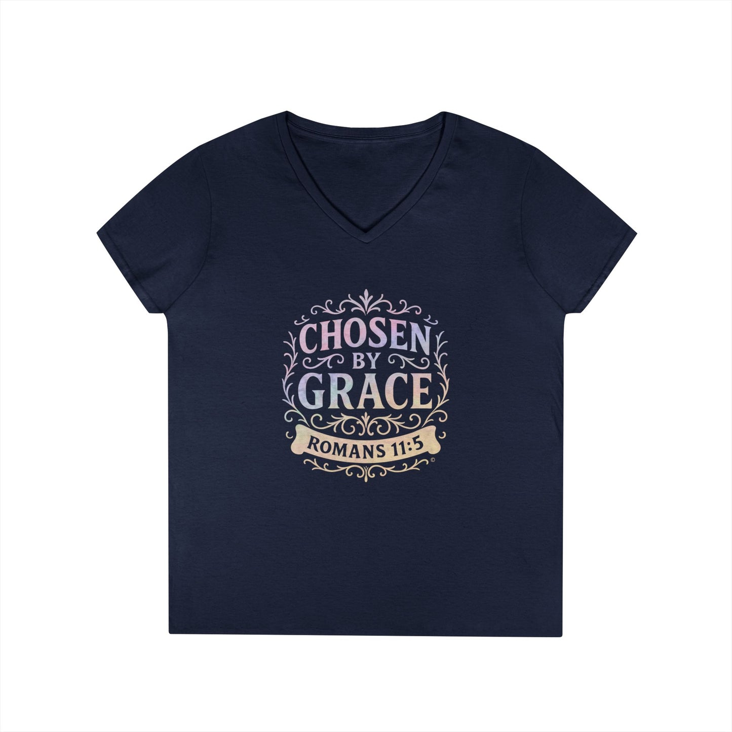 Chosen by Grace (Multi-color Limited Edition) Ladies V-Neck T-Shirt, Inspirational Gift, Faith-Based Gift
