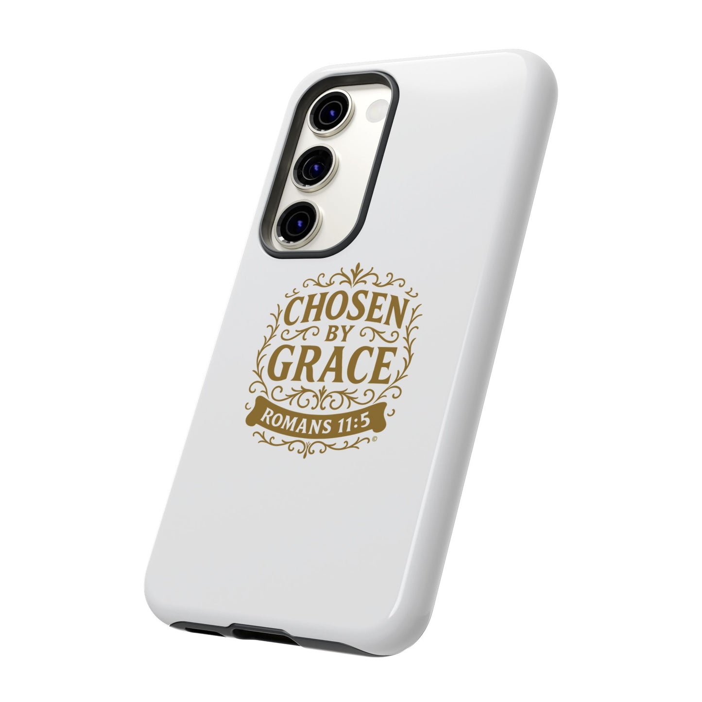 Chosen by Grace (Gold Lettering), Rugged Phone Case, Inspirational Mobile Cover, Gift for Faith Lovers, Faith-Based Protector - Cross Apparel USA