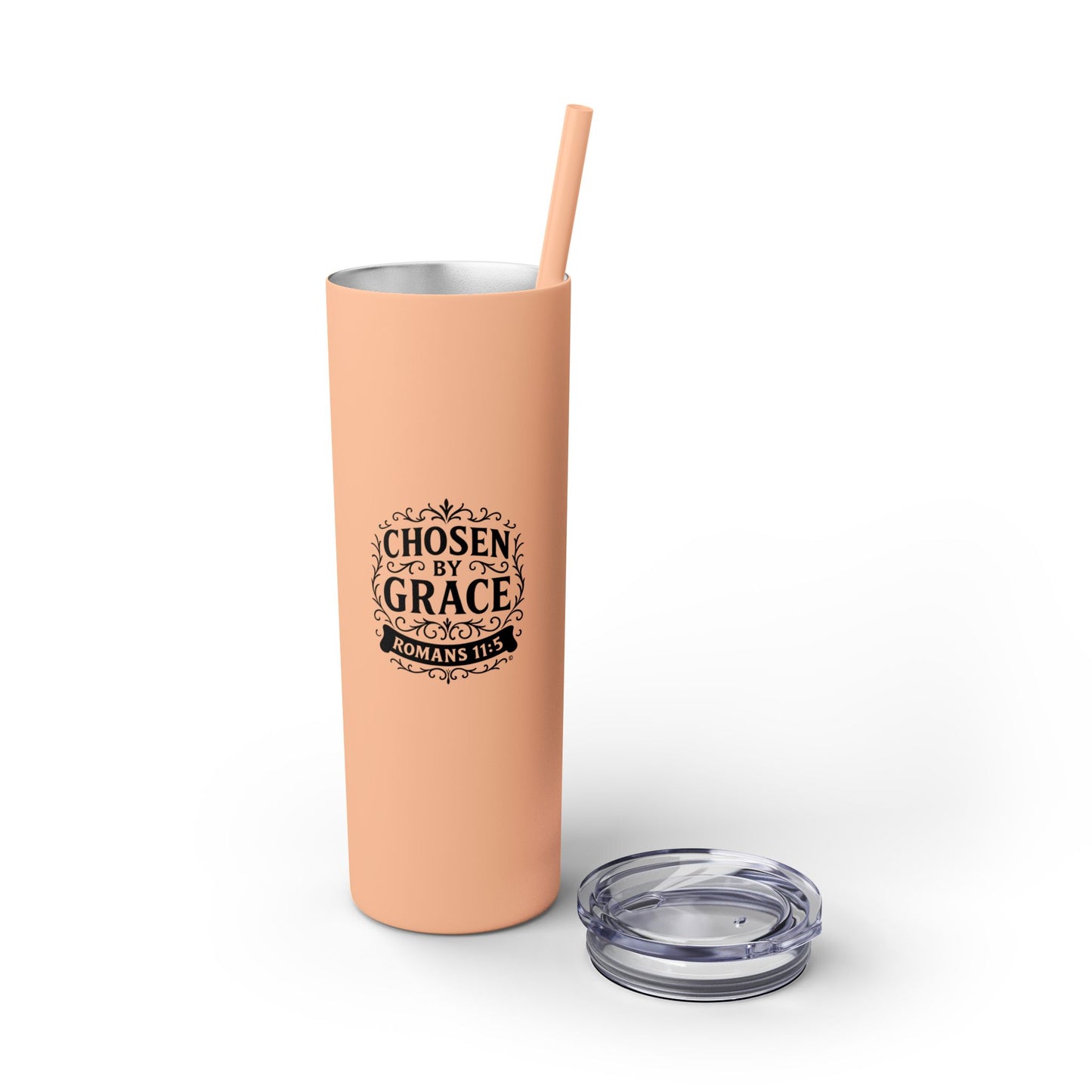 Chosen by Grace (Black Lettering) Stylish Skinny Tumbler with Straw, 20oz - Perfect Gift for Believers, Travel Mug, Insulated Drinkware, Inspirational Cup - Cross Apparel USA