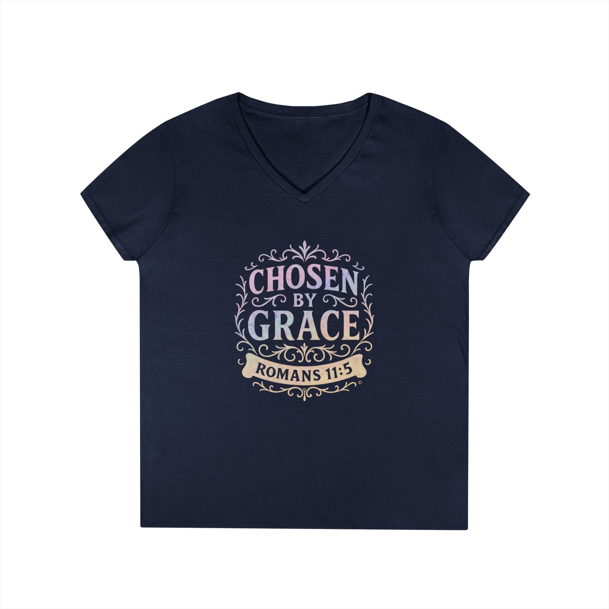 Chosen by Grace (Multi-color Limited Edition) Ladies V-Neck T-Shirt, Inspirational Gift, Faith-Based Gift - Cross Apparel USA