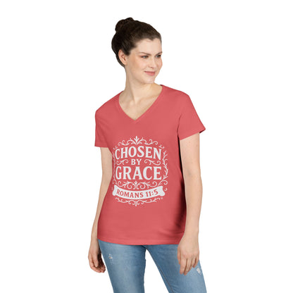 Chosen by Grace (White Lettering) Ladies V-Neck T-Shirt, Inspirational Gift, Faith-Based Gift