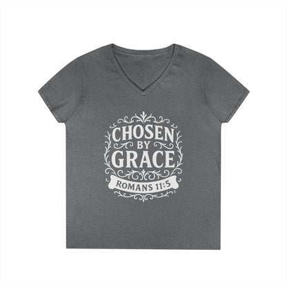 Chosen by Grace (White Lettering) Ladies V-Neck T-Shirt, Inspirational Gift, Faith-Based Gift