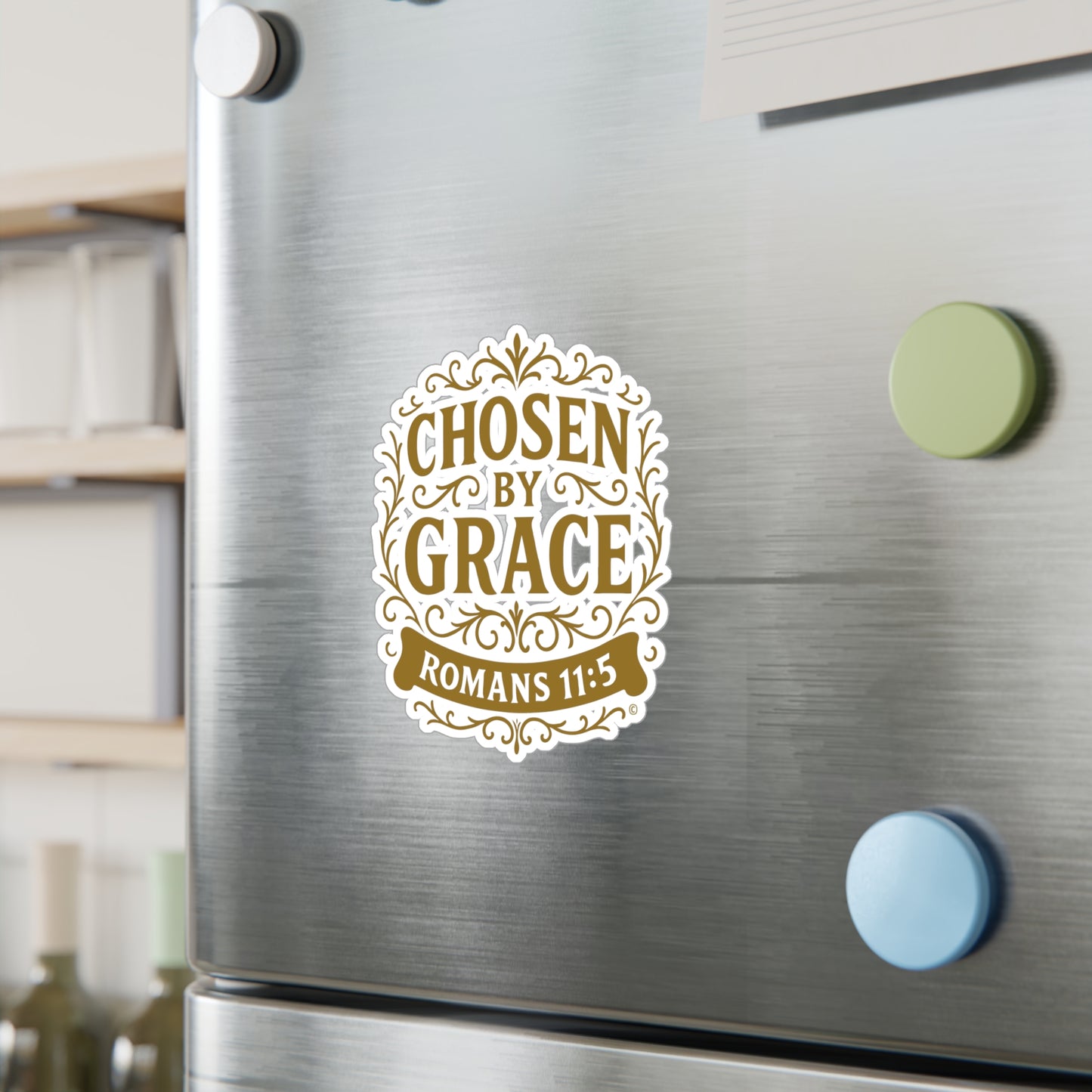 Chosen by Grace (Gold Lettering) Kiss-Cut Vinyl Decals, Inspirational Wall Art, Faith-Based Gifts, Perfect for Students - Cross Apparel USA