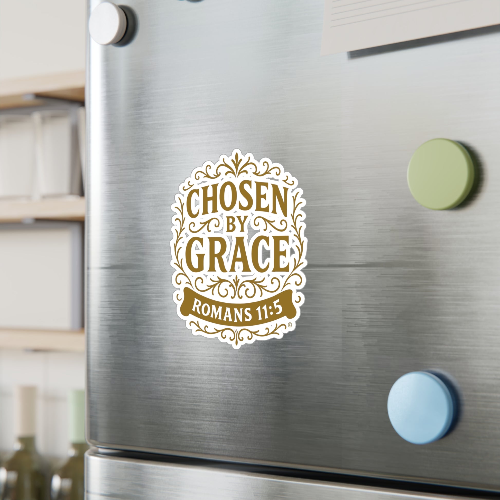 Chosen by Grace (Gold Lettering) Kiss-Cut Vinyl Decals, Inspirational Wall Art, Faith-Based Gifts, Perfect for Students - Cross Apparel USA