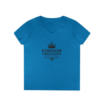 Kingdom Ambasssador (Black Lettering) Ladies V-Neck T-Shirt, Inspirational Gift, Faith-Based Gift - Cross Apparel USA