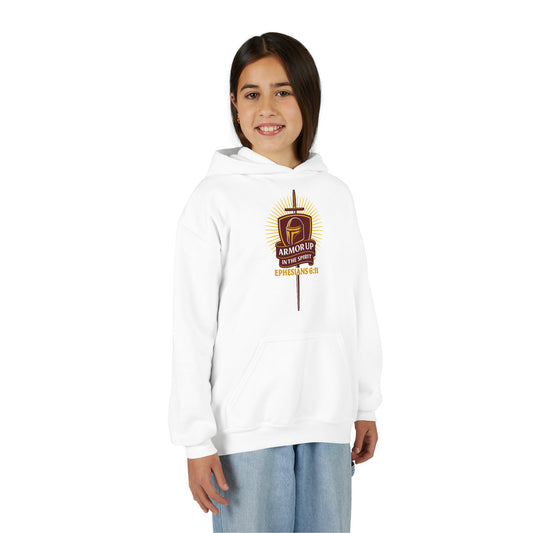 Armor Up (Burgundy & Gold Lettering) Youth Heavy Blend Hooded Sweatshirt