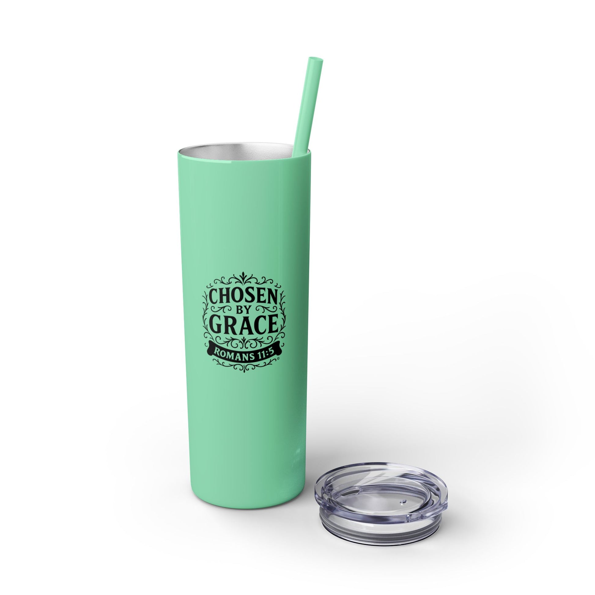 Chosen by Grace (Black Lettering) Stylish Skinny Tumbler with Straw, 20oz - Perfect Gift for Believers, Travel Mug, Insulated Drinkware, Inspirational Cup - Cross Apparel USA