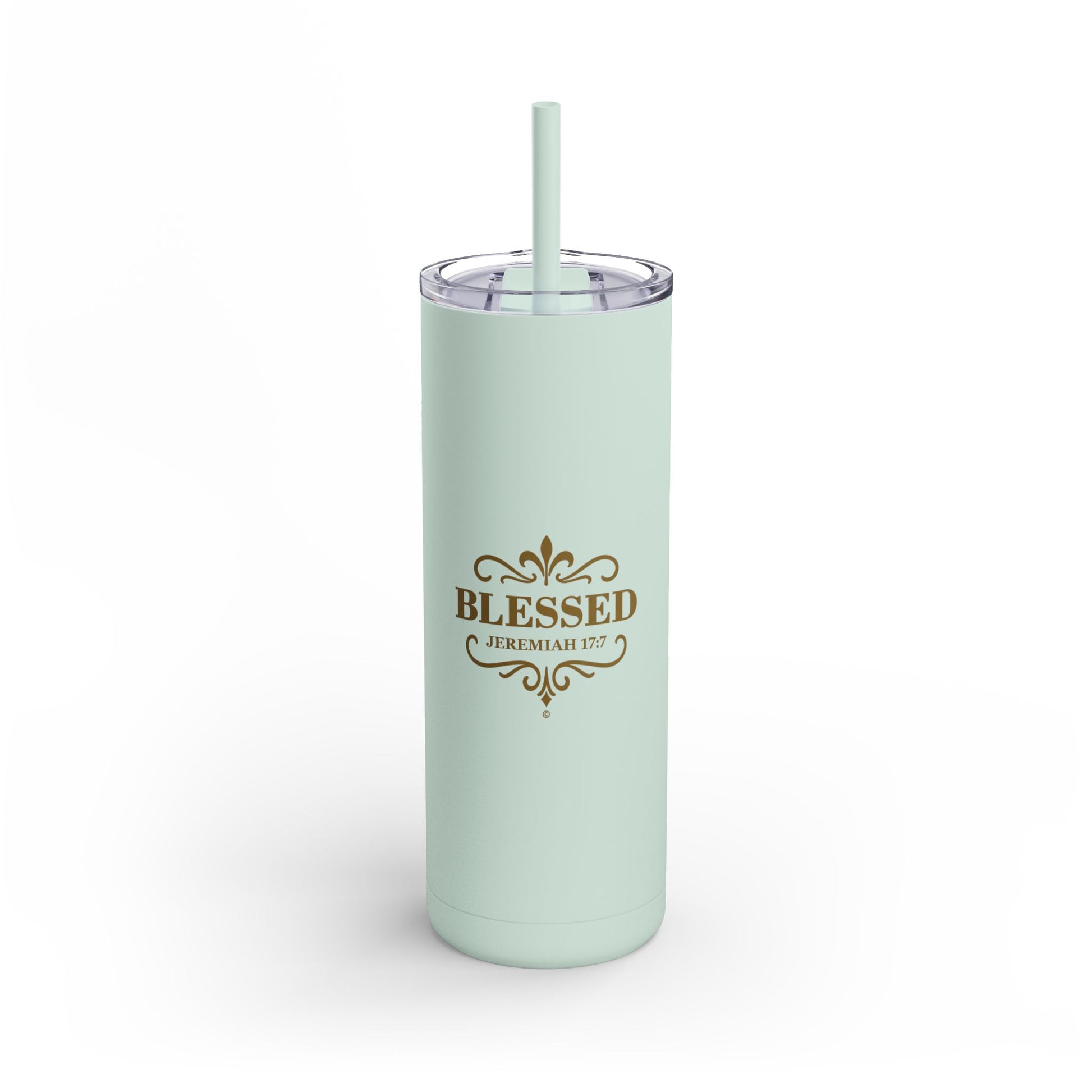 Blessed (Gold Lettering) 20oz Skinny Tumbler, Inspirational Travel Mug, Unique Gift for Faith Lovers, Bible Verse Drinkware, Motivational Water Bottle - Cross Apparel USA