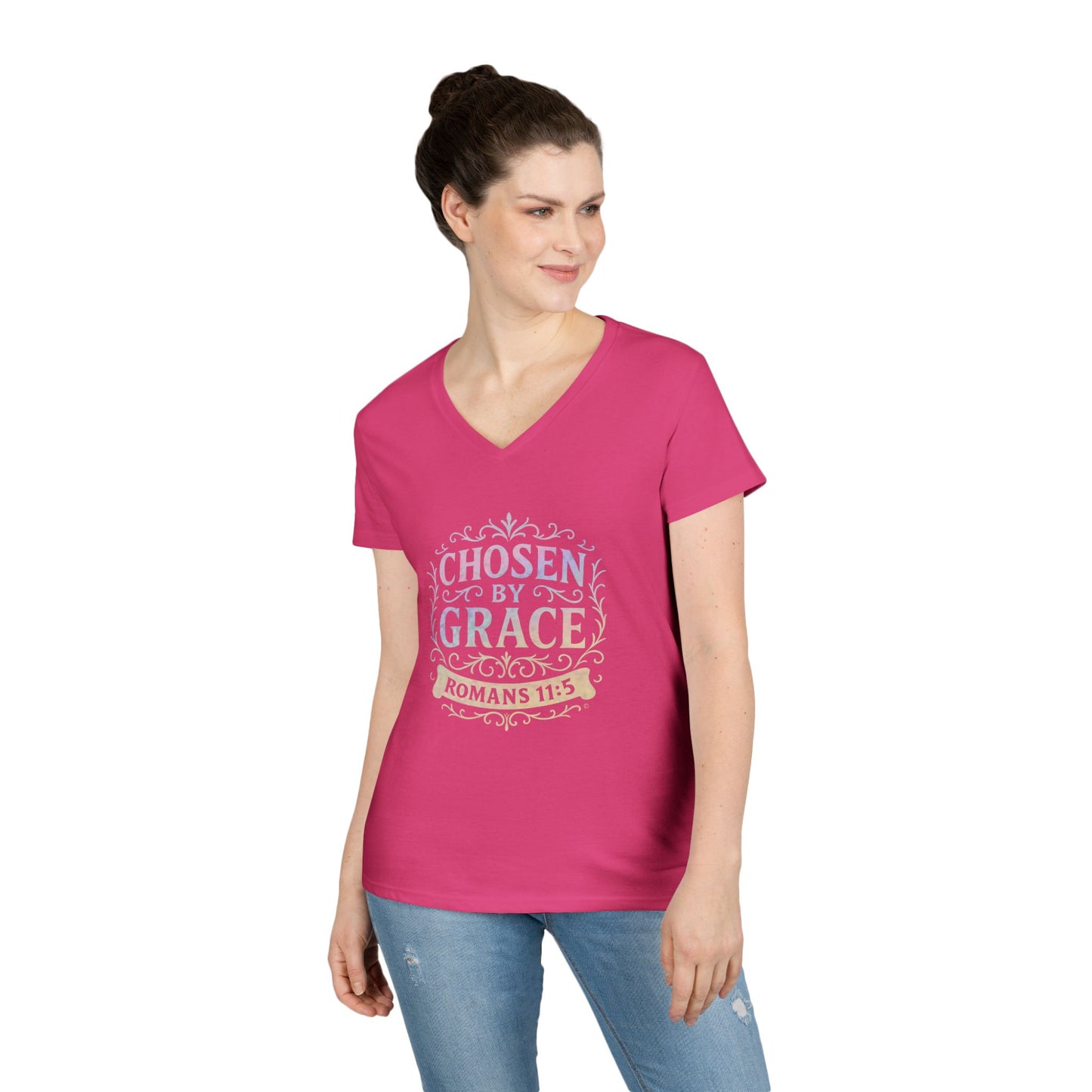 Chosen by Grace (Multi-color Limited Edition) Ladies V-Neck T-Shirt, Inspirational Gift, Faith-Based Gift