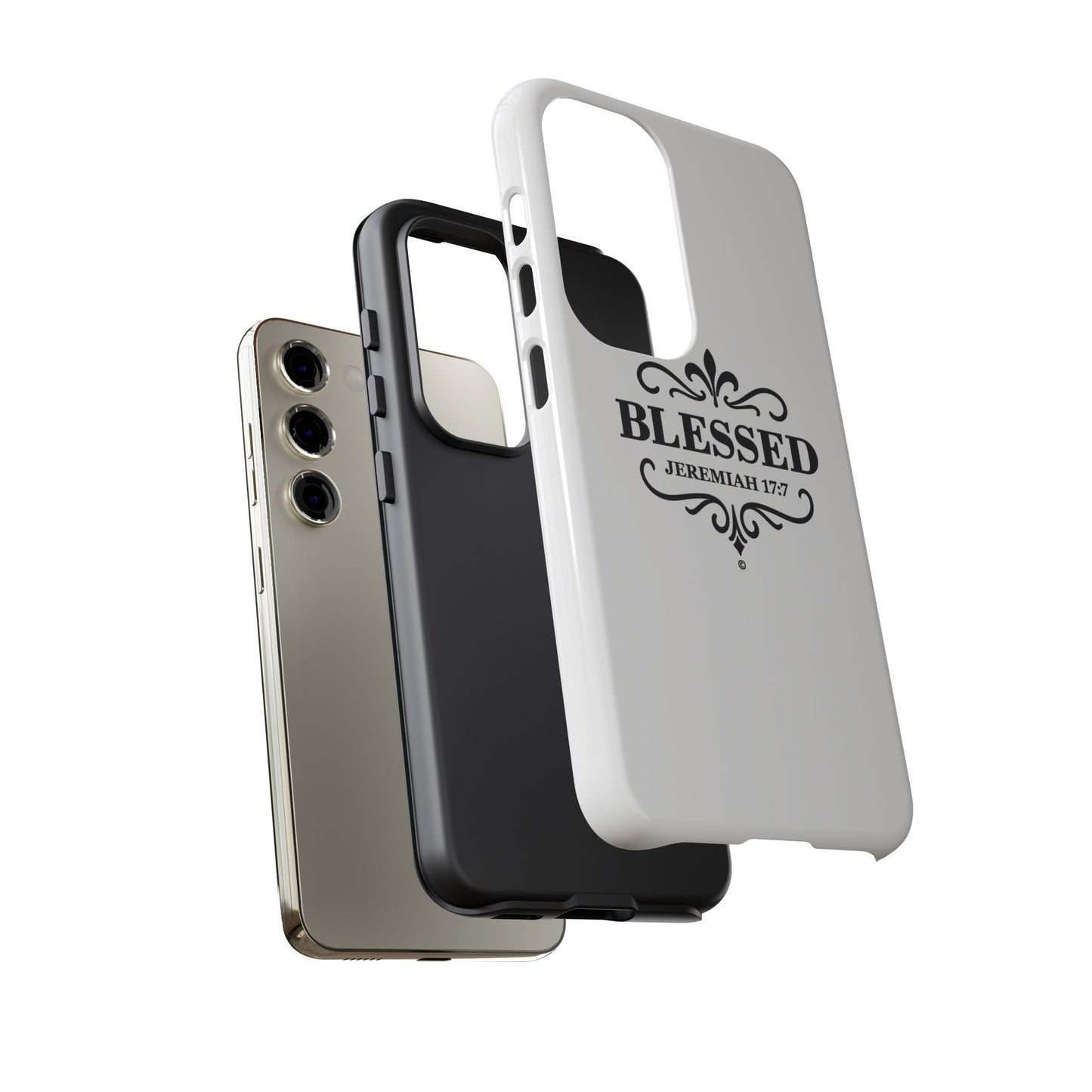 Blessed (Black Lettering), Rugged Phone Case, Inspirational Mobile Cover, Gift for Faith Lovers, Faith-Based Protector