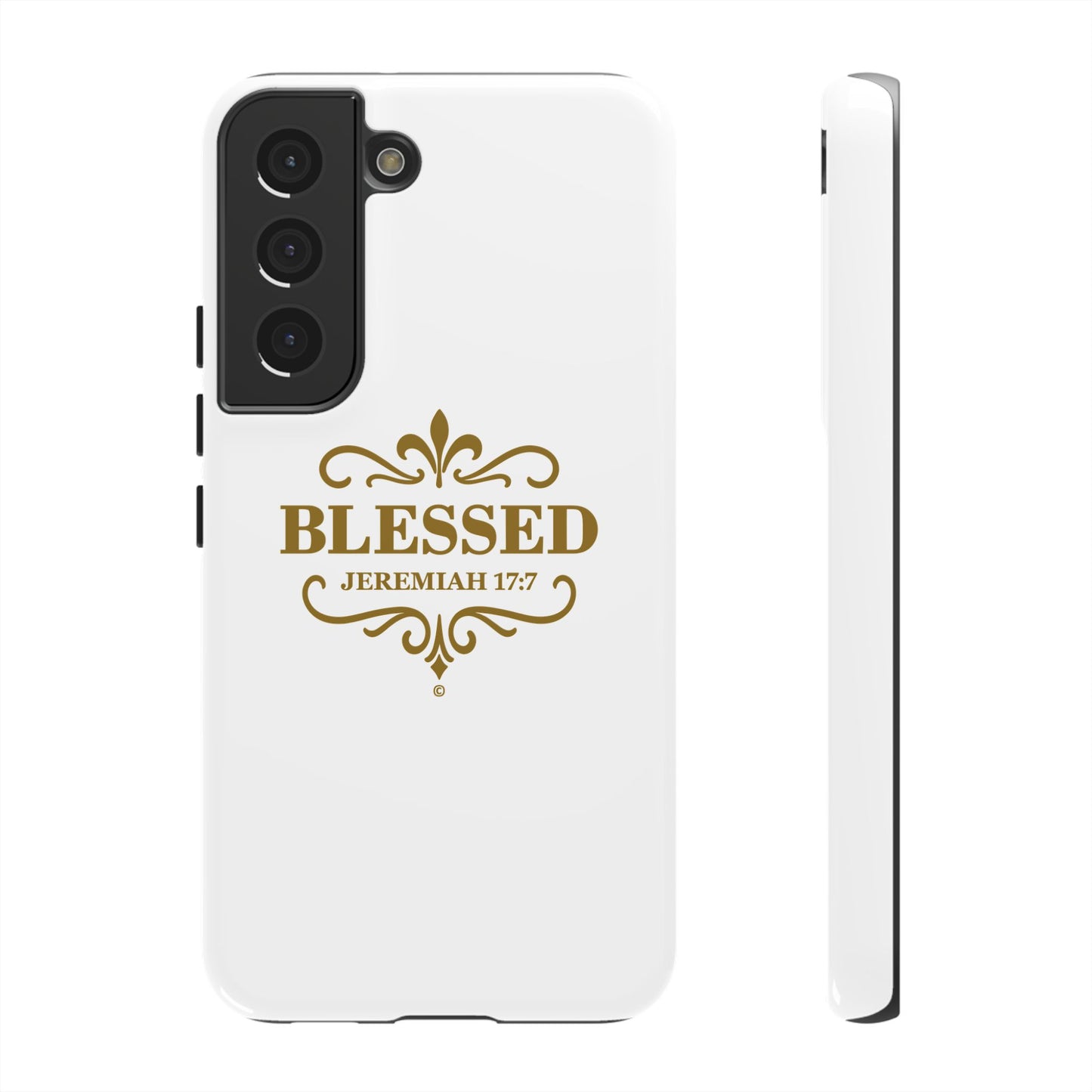Blessed (Gold Lettering), Rugged Phone Case, Inspirational Mobile Cover, Gift for Faith Lovers, Faith-Based Protector - Cross Apparel USA