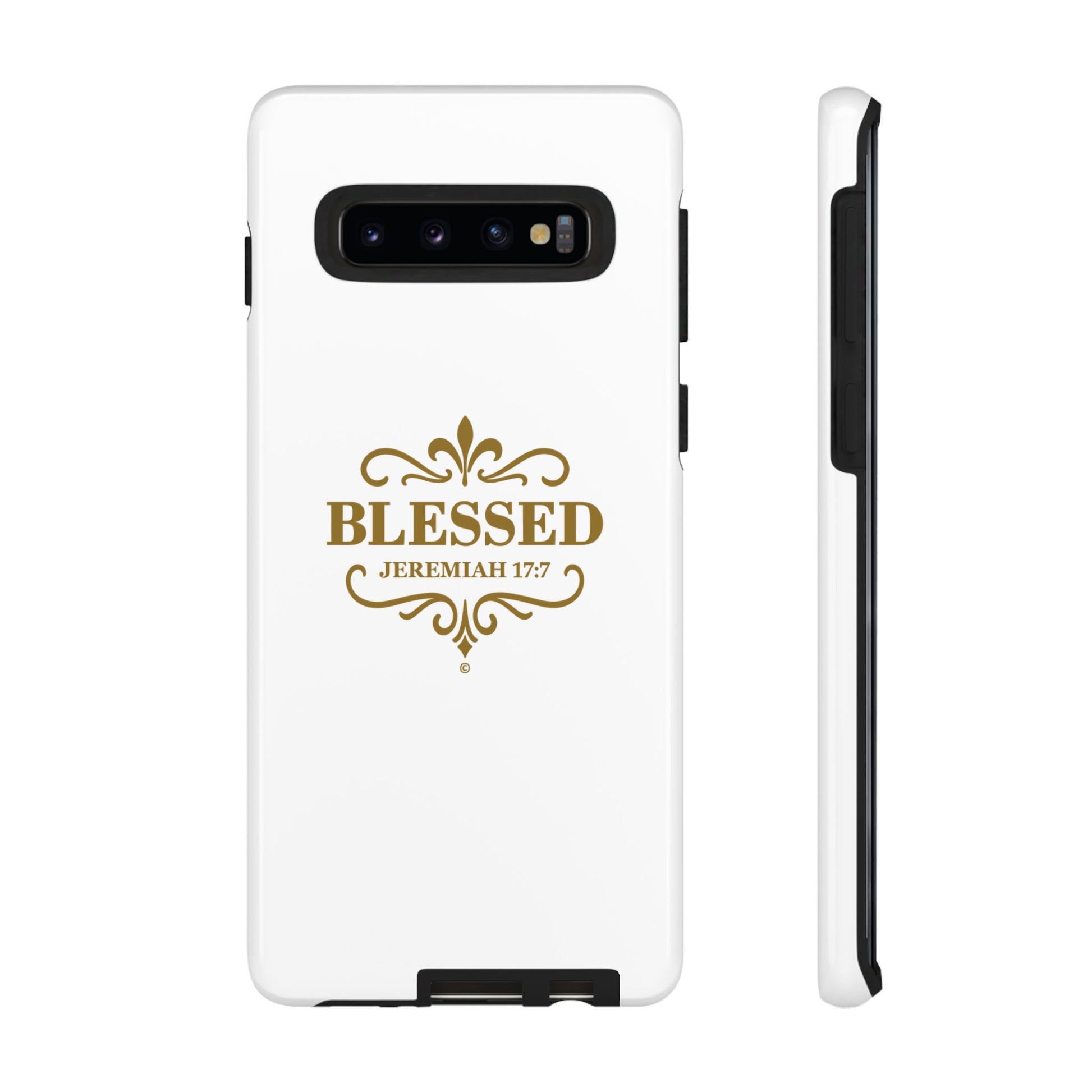 Blessed (Gold Lettering), Rugged Phone Case, Inspirational Mobile Cover, Gift for Faith Lovers, Faith-Based Protector - Cross Apparel USA