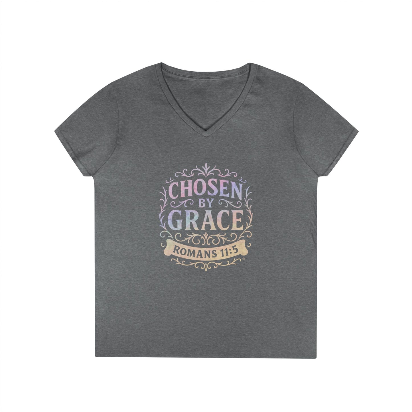 Chosen by Grace (Multi-color Limited Edition) Ladies V-Neck T-Shirt, Inspirational Gift, Faith-Based Gift - Cross Apparel USA