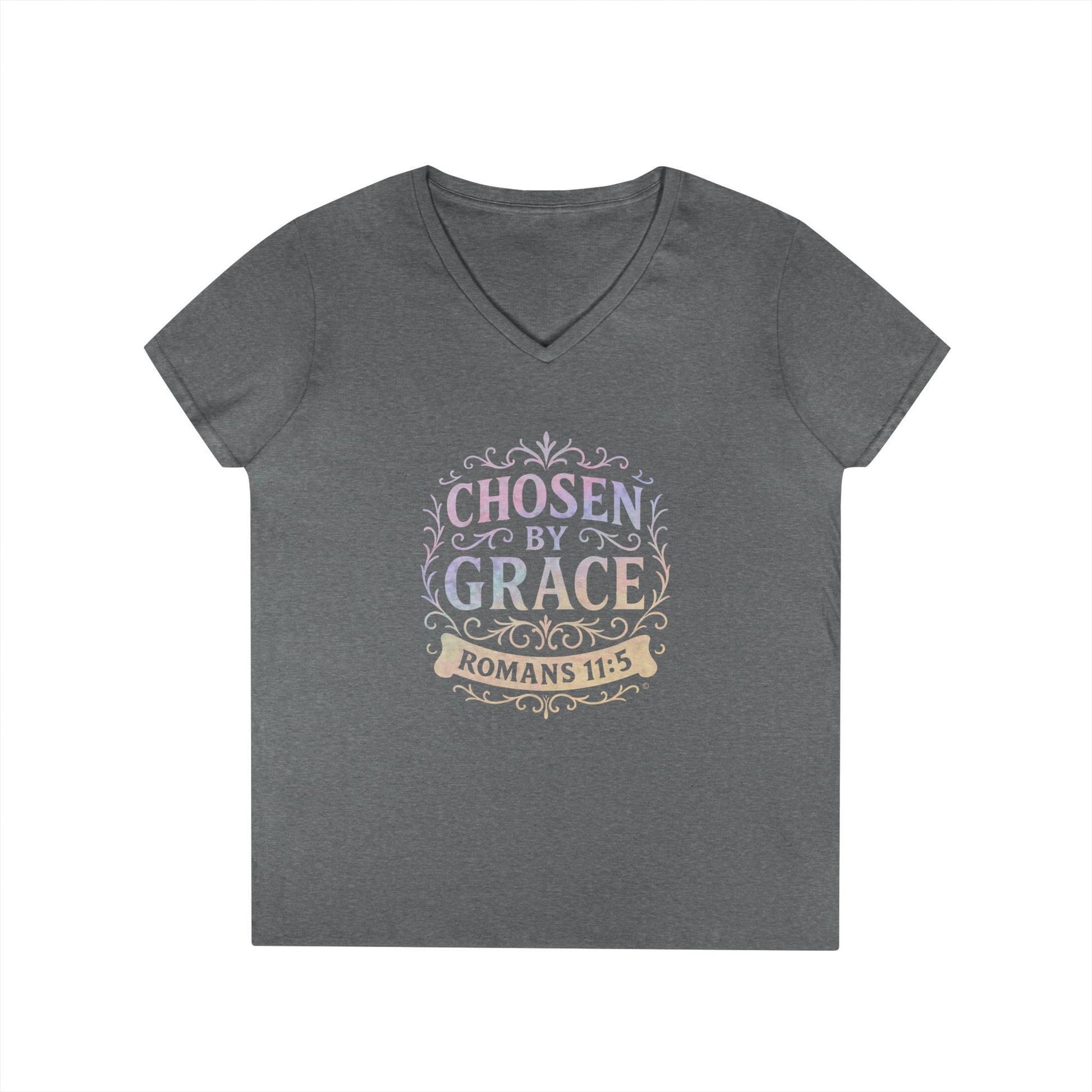 Chosen by Grace (Multi-color Limited Edition) Ladies V-Neck T-Shirt, Inspirational Gift, Faith-Based Gift - Cross Apparel USA
