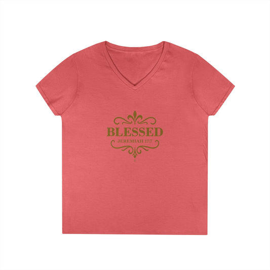 Blessed (Gold Lettering) Ladies V-Neck T-Shirt, Inspirational Gift, Faith-Based Gift - Cross Apparel USA