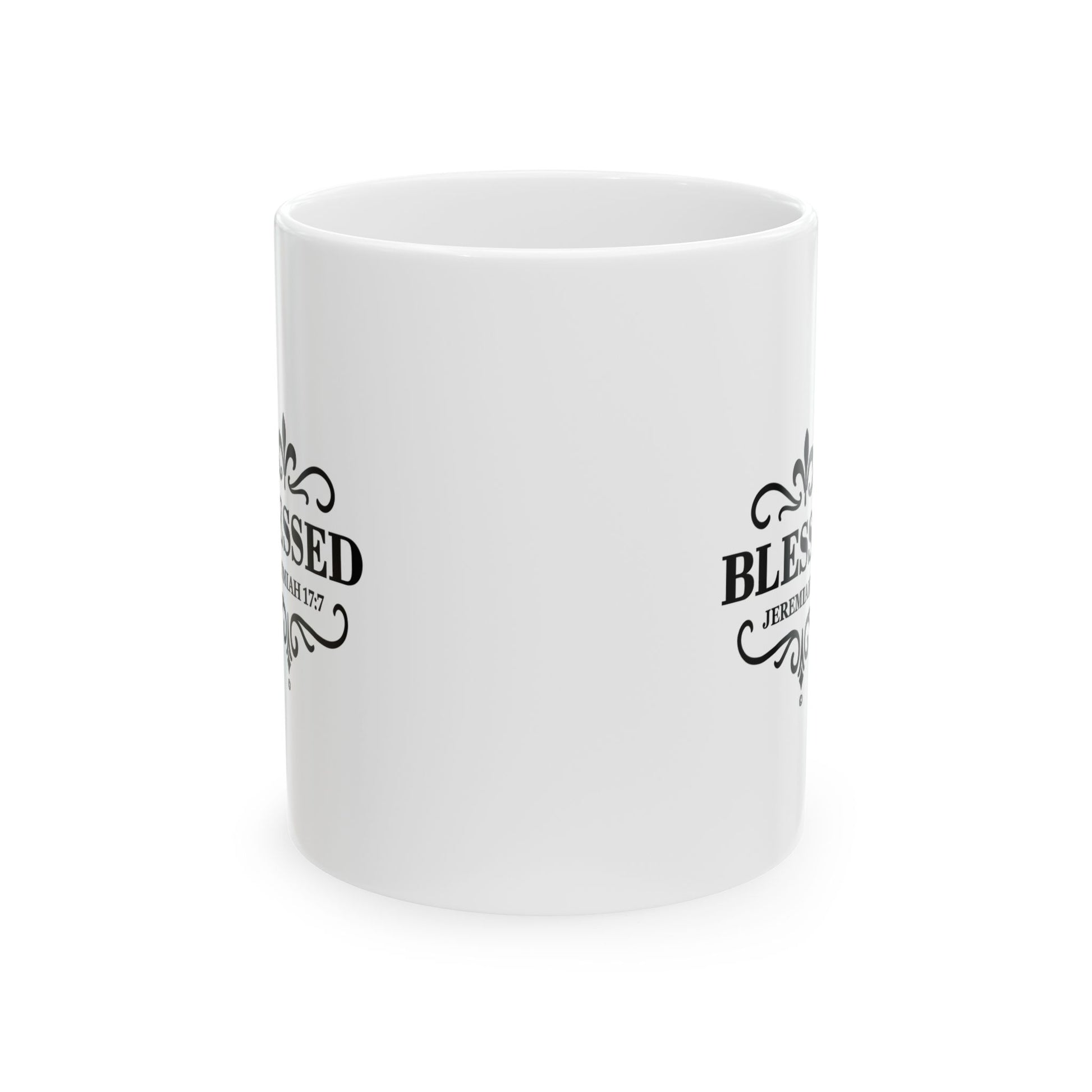 Blessed (Black Lettering) Ceramic Mug, Inspirational Gift, Coffee Cup for Faith, Gift of Believers, Devotional Drinkware (11oz, 15oz) - Cross Apparel USA