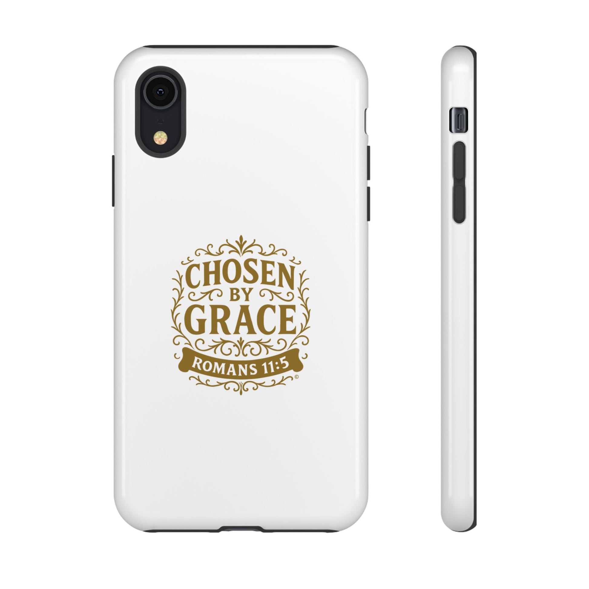 Chosen by Grace (Gold Lettering), Rugged Phone Case, Inspirational Mobile Cover, Gift for Faith Lovers, Faith-Based Protector - Cross Apparel USA