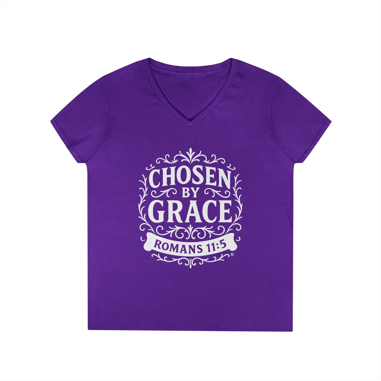 Chosen by Grace (White Lettering) Ladies V-Neck T-Shirt, Inspirational Gift, Faith-Based Gift
