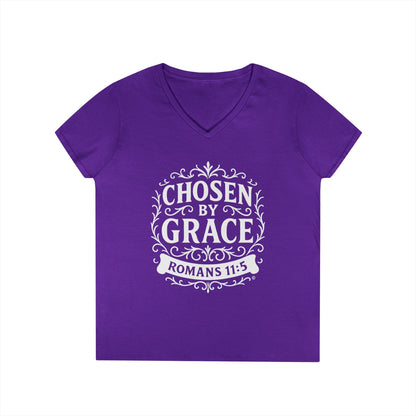 Chosen by Grace (White Lettering) Ladies V-Neck T-Shirt, Inspirational Gift, Faith-Based Gift