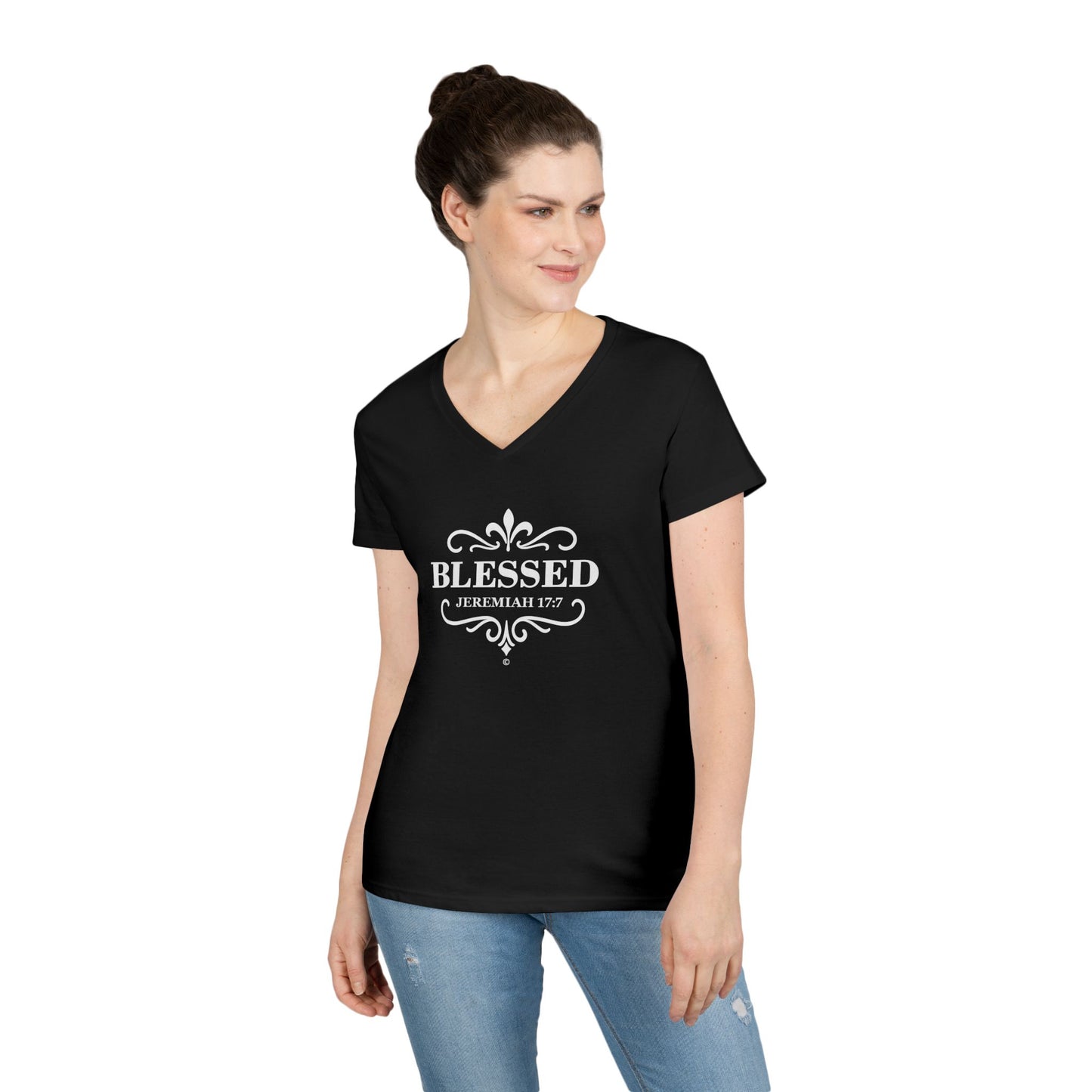Blessed (White Lettering) Ladies V-Neck T-Shirt, Inspirational Gift, Faith-Based Gift