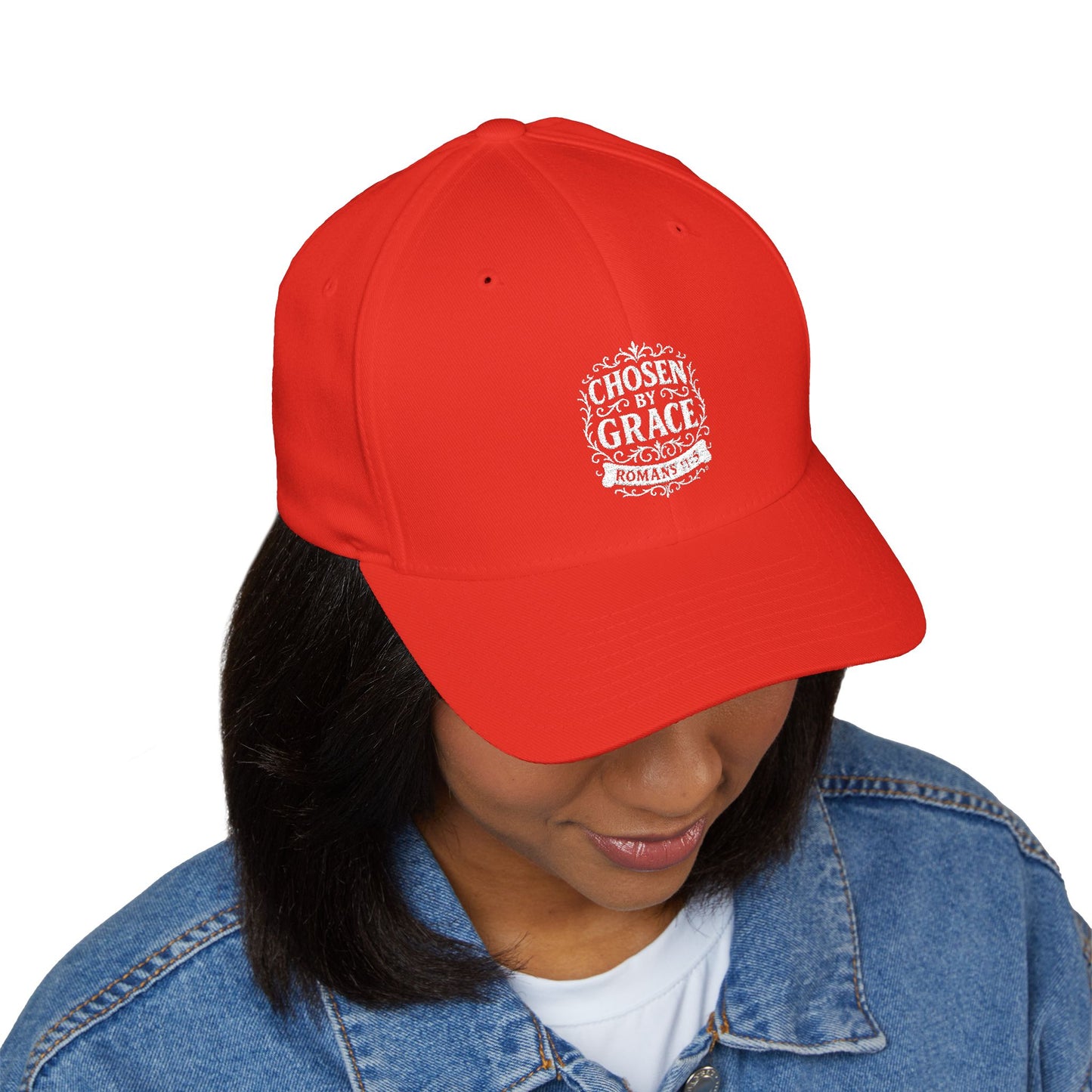 Chosen by Grace (White Lettering) Embroidered Cap - Stylish Flex Fit Closed-Back Hat, Perfect for Events, Gifts, and Celebrations