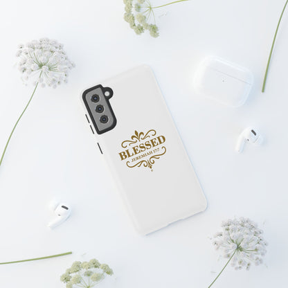 Blessed (Gold Lettering), Rugged Phone Case, Inspirational Mobile Cover, Gift for Faith Lovers, Faith-Based Protector