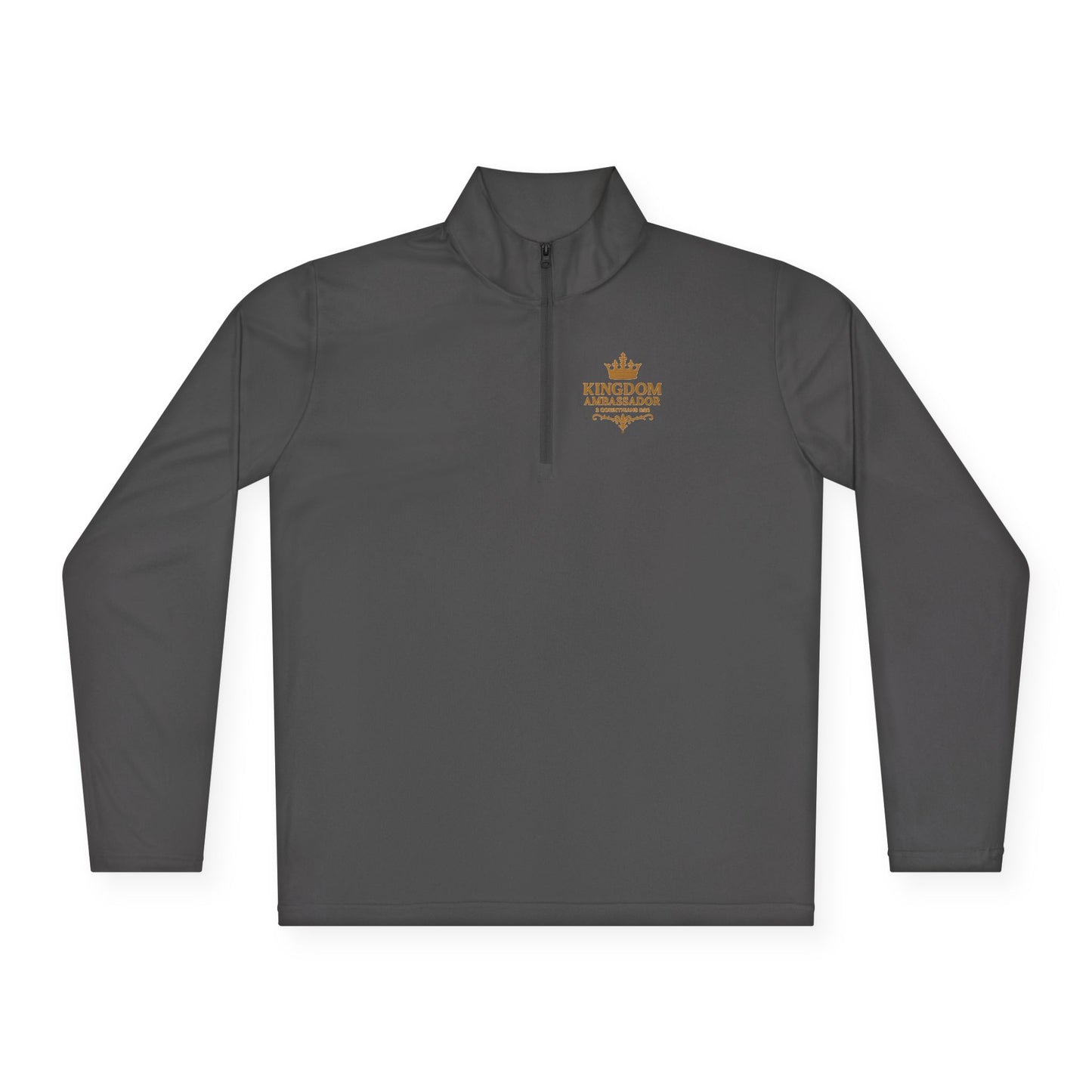 Kingdom Ambassador (Gold Lettering with Small Design on Front and Full Design on the Back Side) Stylish Unisex Quarter-Zip Pullover for Everyday Comfort, Cozy Apparel, Trendy Layering, Casual Wear, Great for Believers