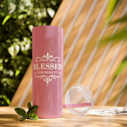 Blessed (White Lettering) 20oz Skinny Tumbler, Inspirational Travel Mug, Unique Gift for Faith Lovers, Bible Verse Drinkware, Motivational Water Bottle
