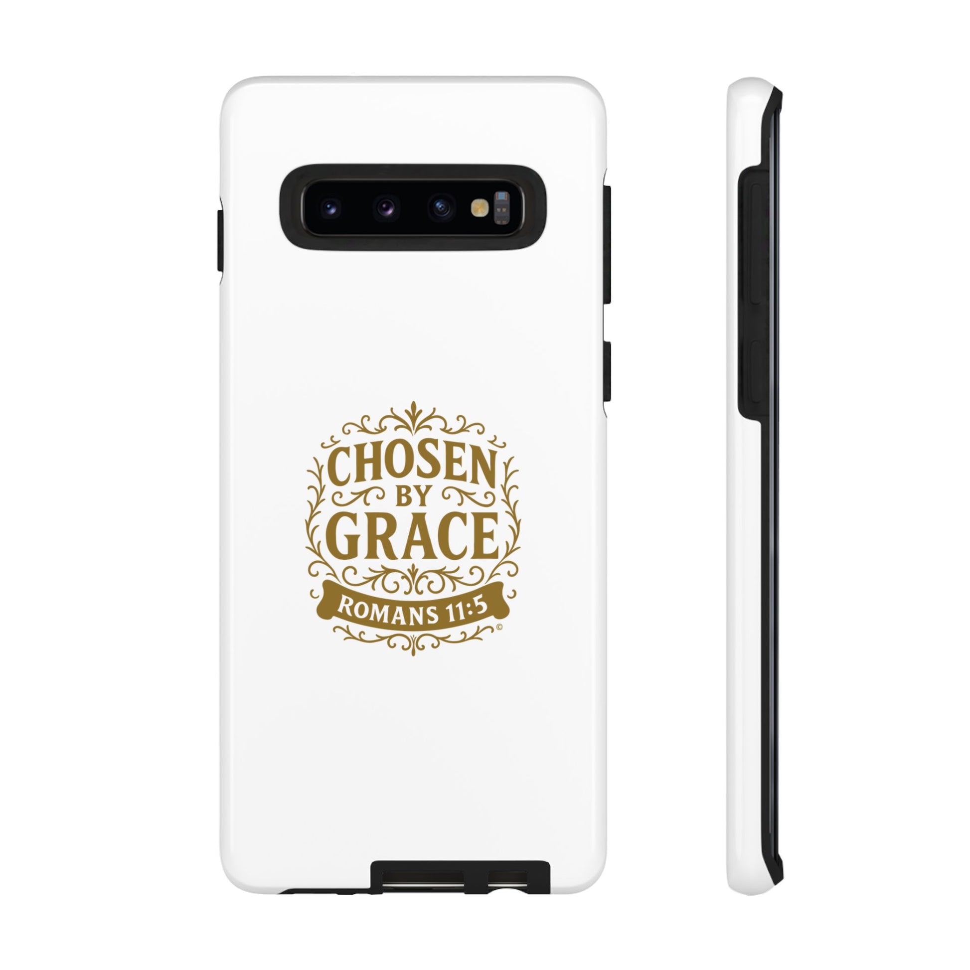Chosen by Grace (Gold Lettering), Rugged Phone Case, Inspirational Mobile Cover, Gift for Faith Lovers, Faith-Based Protector - Cross Apparel USA