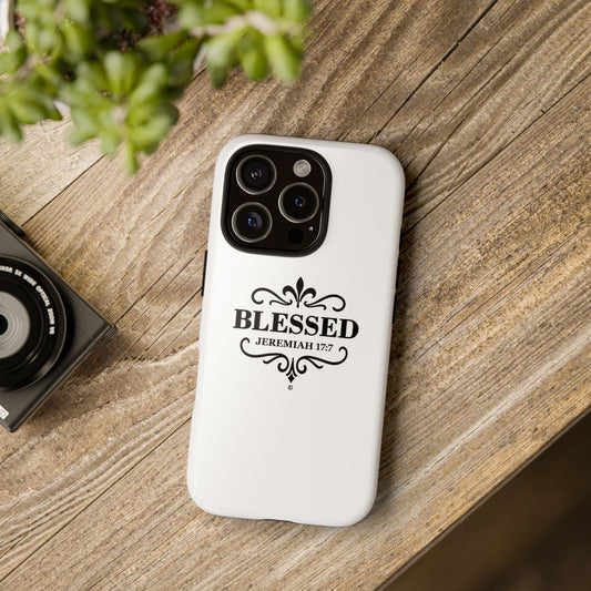 Blessed (Black Lettering), Rugged Phone Case, Inspirational Mobile Cover, Gift for Faith Lovers, Faith-Based Protector