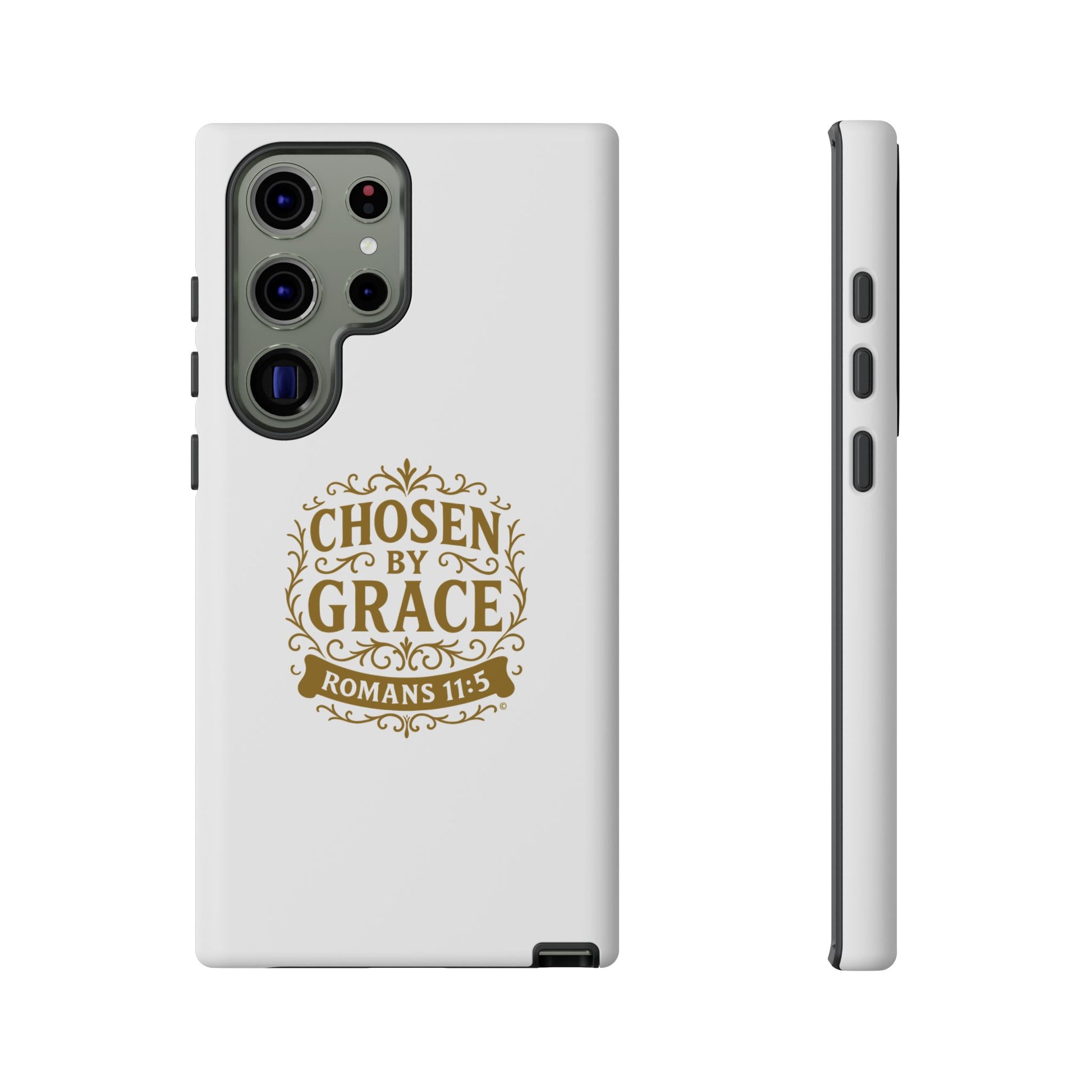 Chosen by Grace (Gold Lettering), Rugged Phone Case, Inspirational Mobile Cover, Gift for Faith Lovers, Faith-Based Protector - Cross Apparel USA