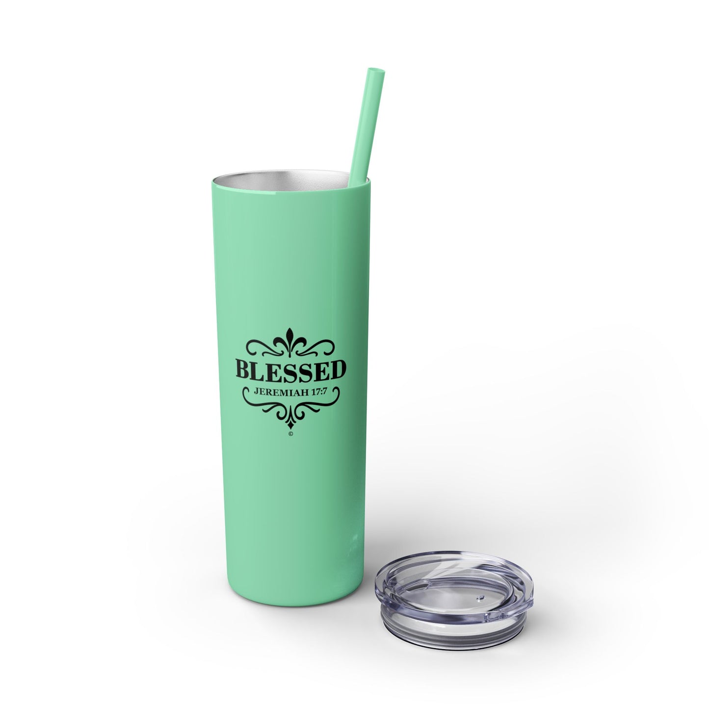 Blessed (Black Lettering) Stylish Skinny Tumbler with Straw, 20oz - Perfect Gift for Believers, Travel Mug, Insulated Drinkware, Inspirational Cup - Cross Apparel USA