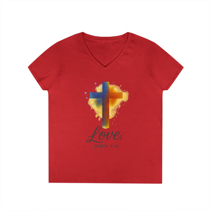 Love (Full Color) Ladies V-Neck T-Shirt, Inspirational Gift, Faith-Based Gift - Cross Apparel USA