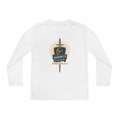 Armor Up (Blue & Gold Lettering) Youth Long Sleeve Armor Up Tee - Inspirational Shirt for Kids, Faith-Based Apparel, Gifts for Believers