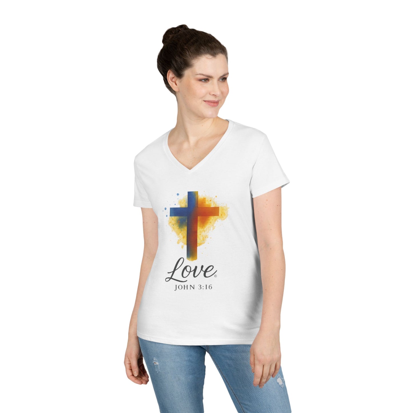 Love (Full Color) Ladies V-Neck T-Shirt, Inspirational Gift, Faith-Based Gift