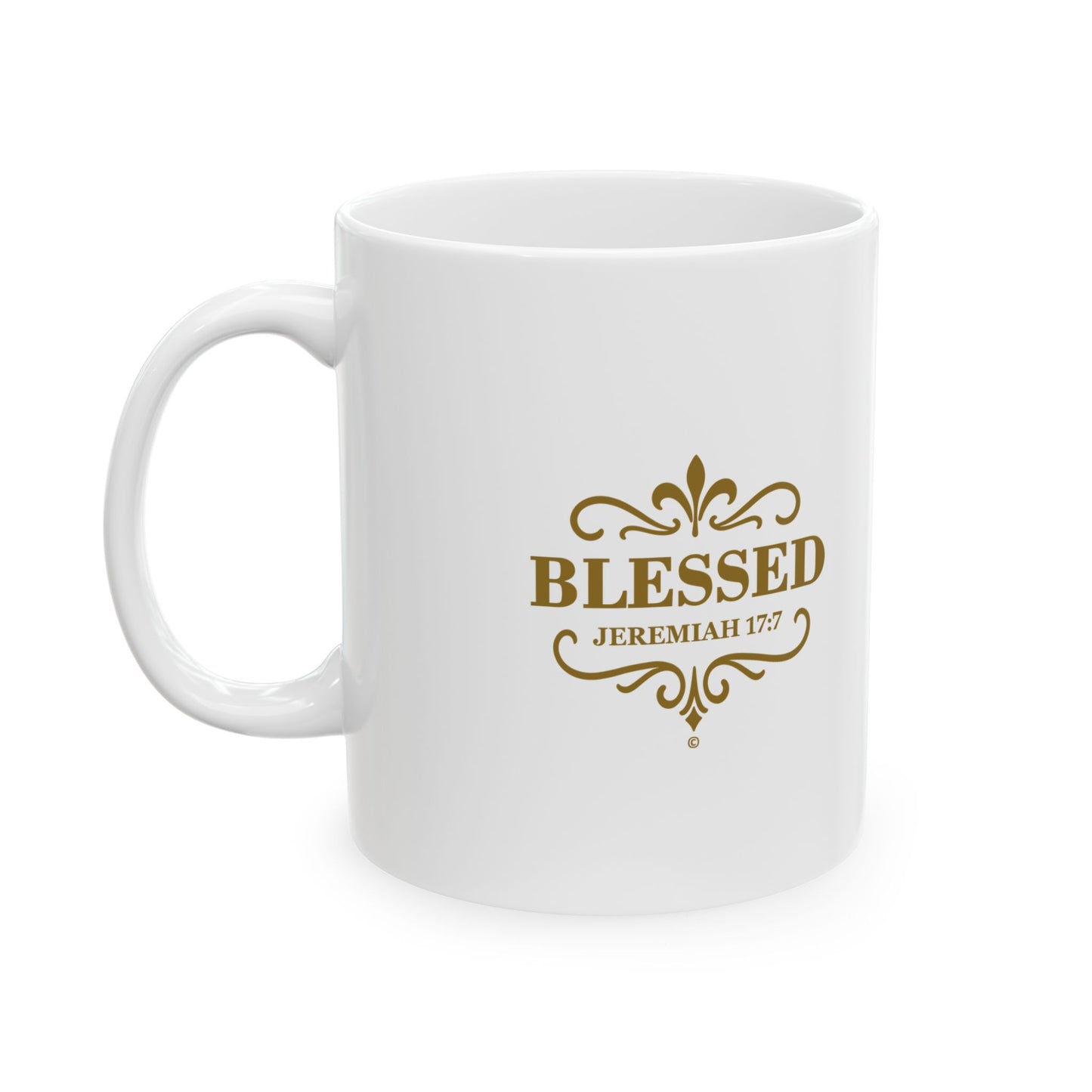 Blessed (Gold Lettering) Ceramic Mug, Inspirational Gift, Coffee Cup for Faith, Gift of Believers, Devotional Drinkware (11oz, 15oz) - Cross Apparel USA