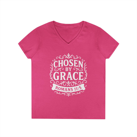 Chosen by Grace (White Lettering) Ladies V-Neck T-Shirt, Inspirational Gift, Faith-Based Gift