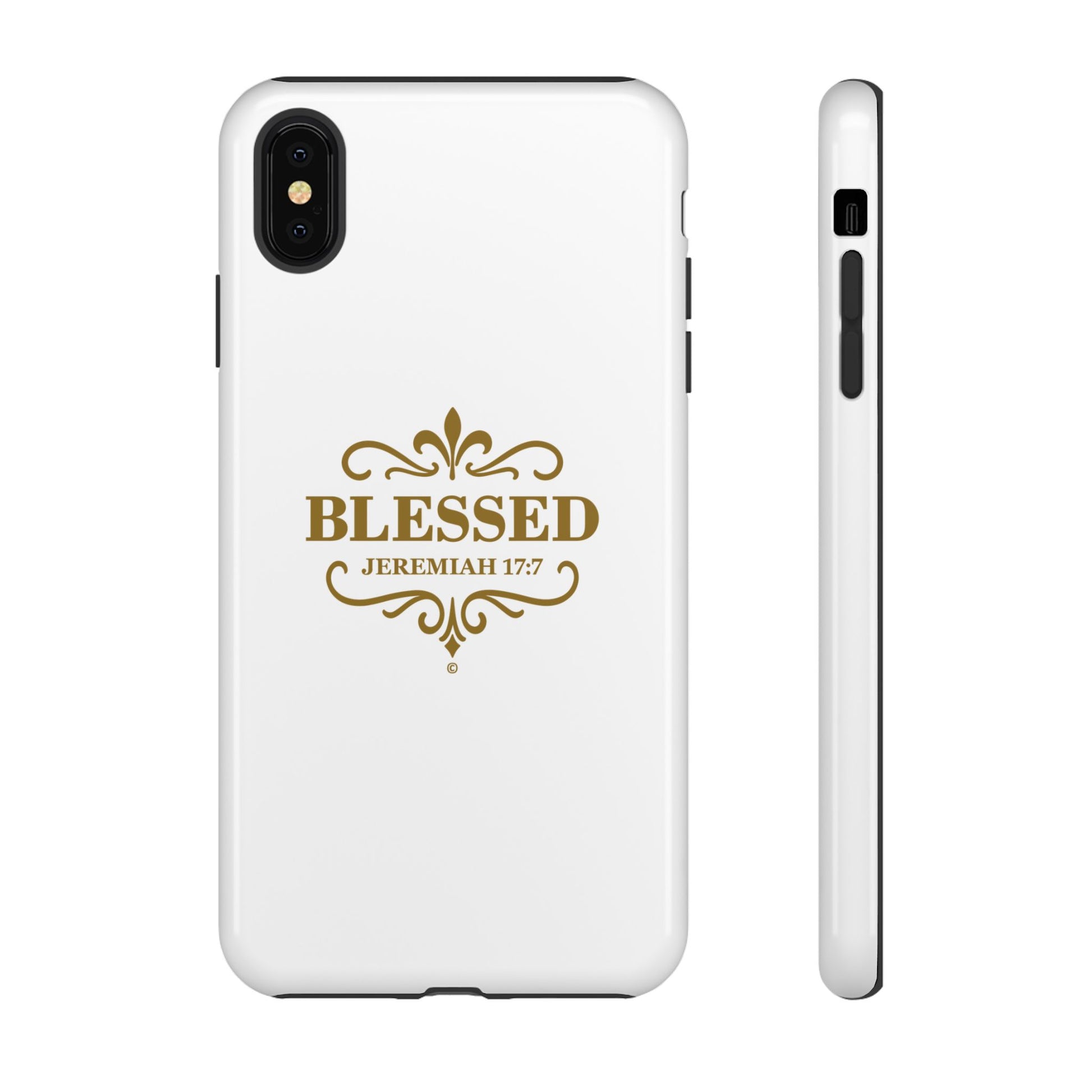 Blessed (Gold Lettering), Rugged Phone Case, Inspirational Mobile Cover, Gift for Faith Lovers, Faith-Based Protector - Cross Apparel USA