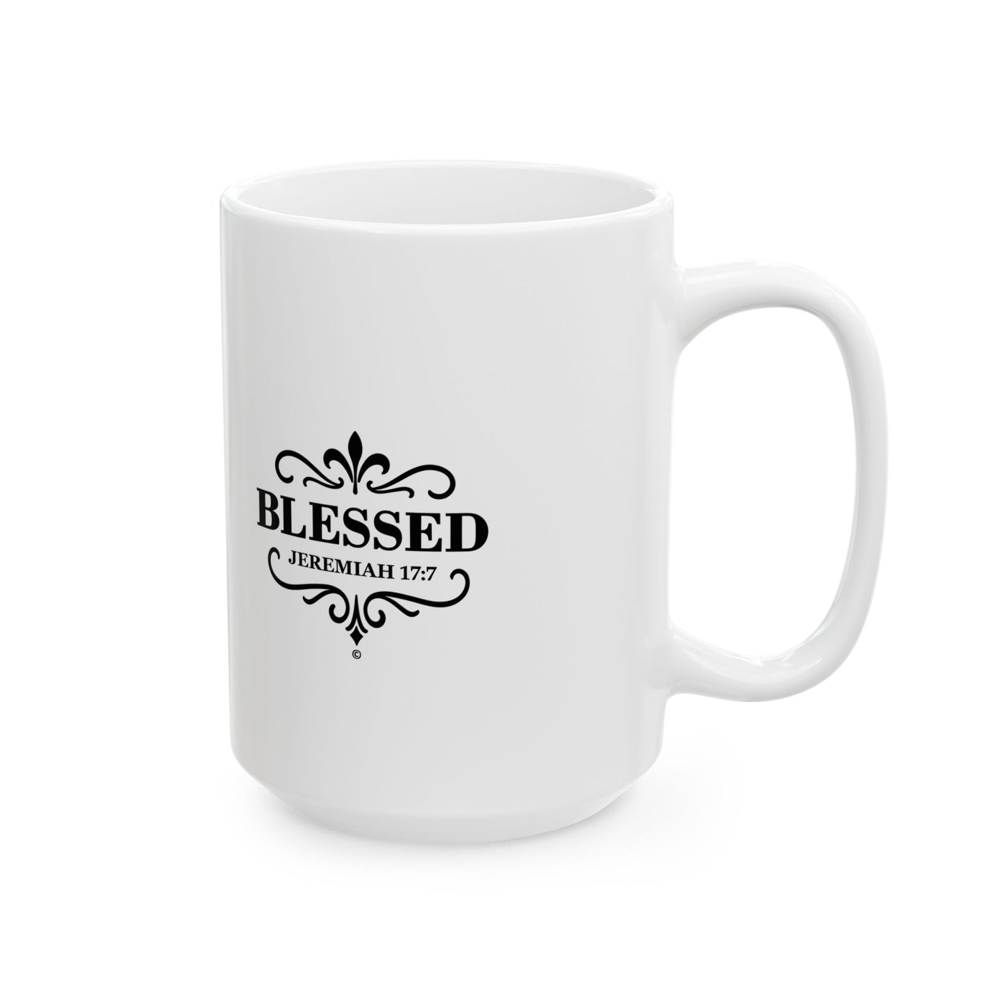 Blessed (Black Lettering) Ceramic Mug, Inspirational Gift, Coffee Cup for Faith, Gift of Believers, Devotional Drinkware (11oz, 15oz) - Cross Apparel USA
