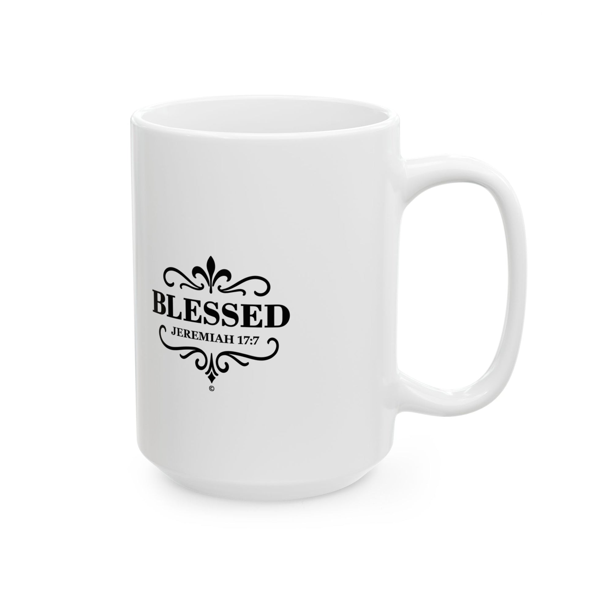 Blessed (Black Lettering) Ceramic Mug, Inspirational Gift, Coffee Cup for Faith, Gift of Believers, Devotional Drinkware (11oz, 15oz) - Cross Apparel USA