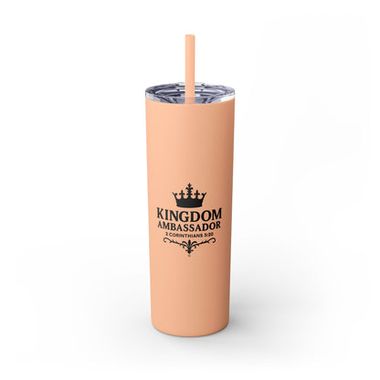 Kingdom Ambassador (Black Lettering) Stylish Skinny Tumbler with Straw, 20oz - Perfect Gift for Believers, Travel Mug, Insulated Drinkware, Inspirational Cup - Cross Apparel USA