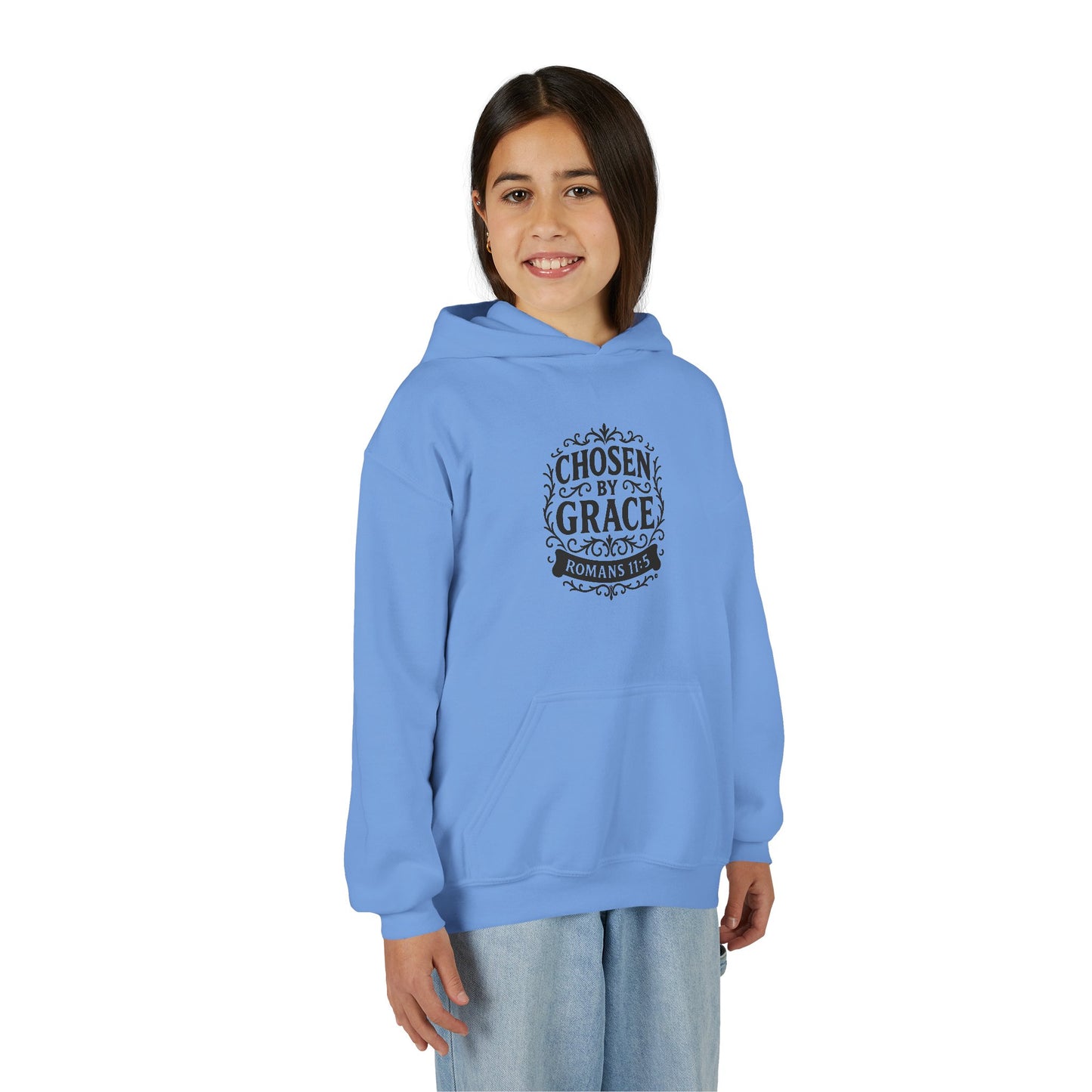 Chosen by Grace (Black Lettering) Youth Heavy Blend Hooded Sweatshirt